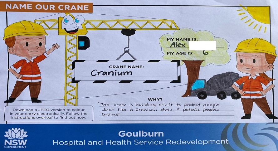 Naming ceremony for Cranium as Goulburn Hospital’s 40 metre tower crane gets its name